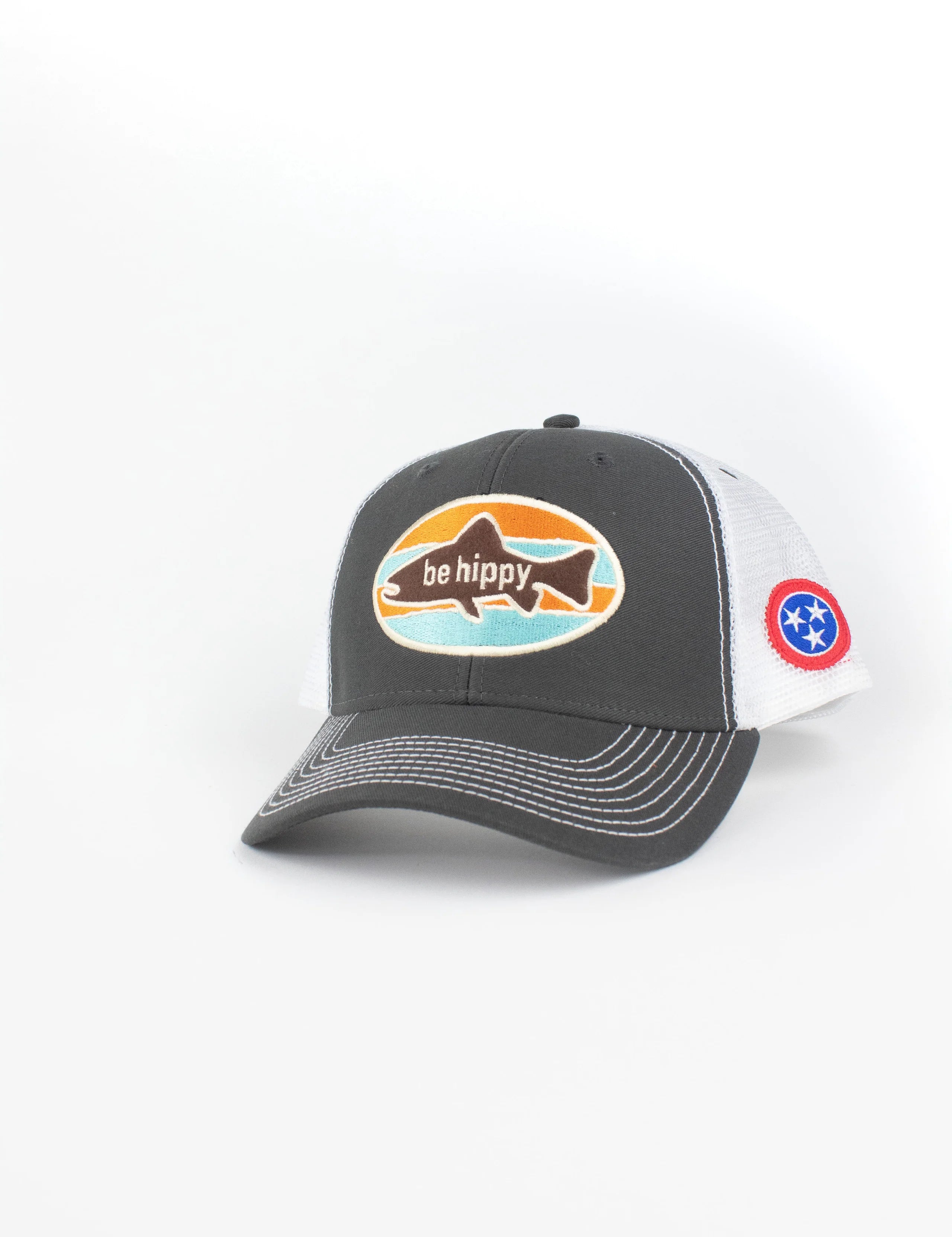 Be Hippy Fish Logo Trucker Hat - Tennessee Flag Gray with White Mesh