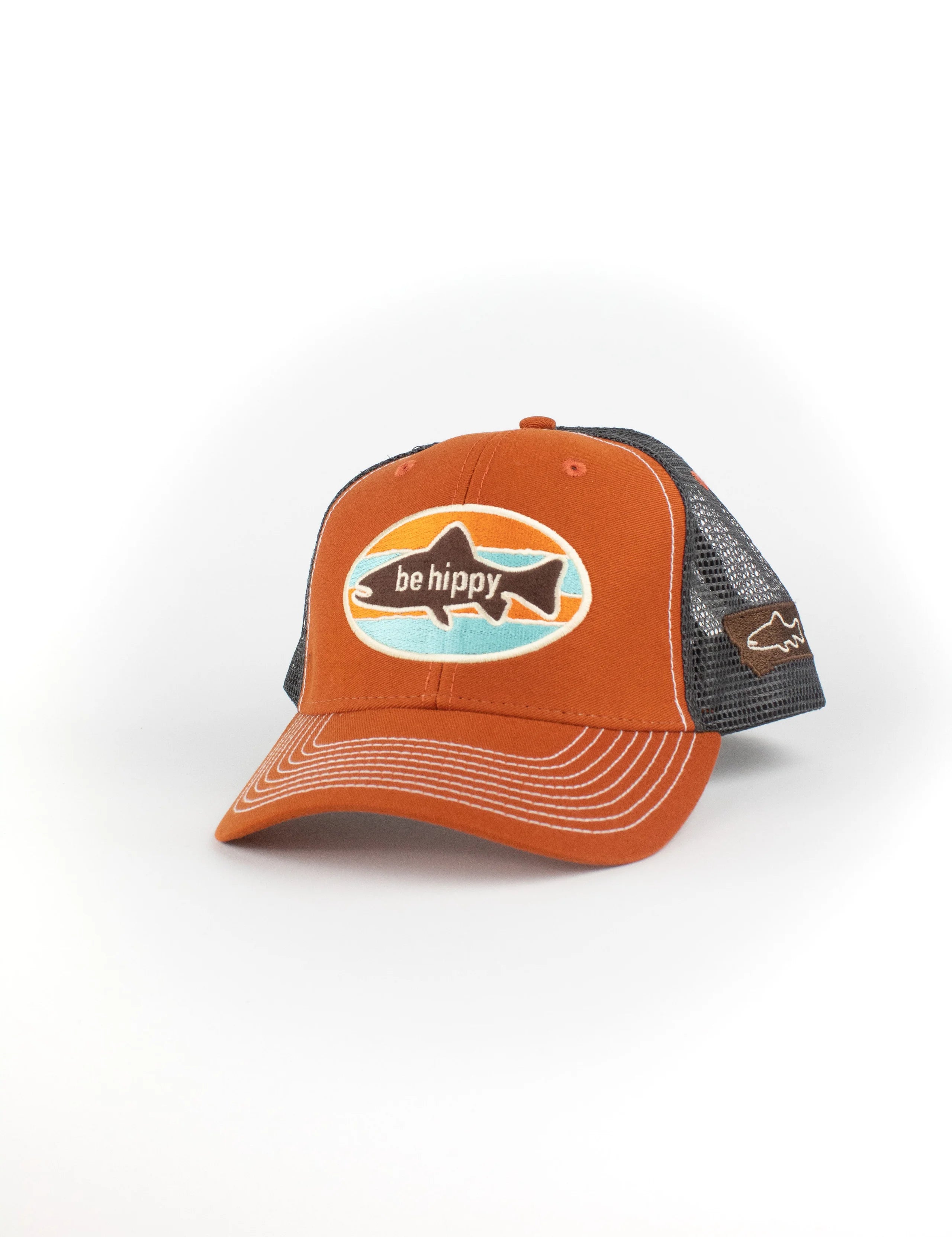 Be Hippy Fish Logo Trucker Hat - Montana Flag Orange with Gray Mesh