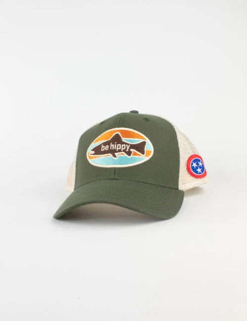 Be Hippy Fish Logo Trucker Hat - Tennessee Flag Loden Green & Cream Mesh with Velcro Closure