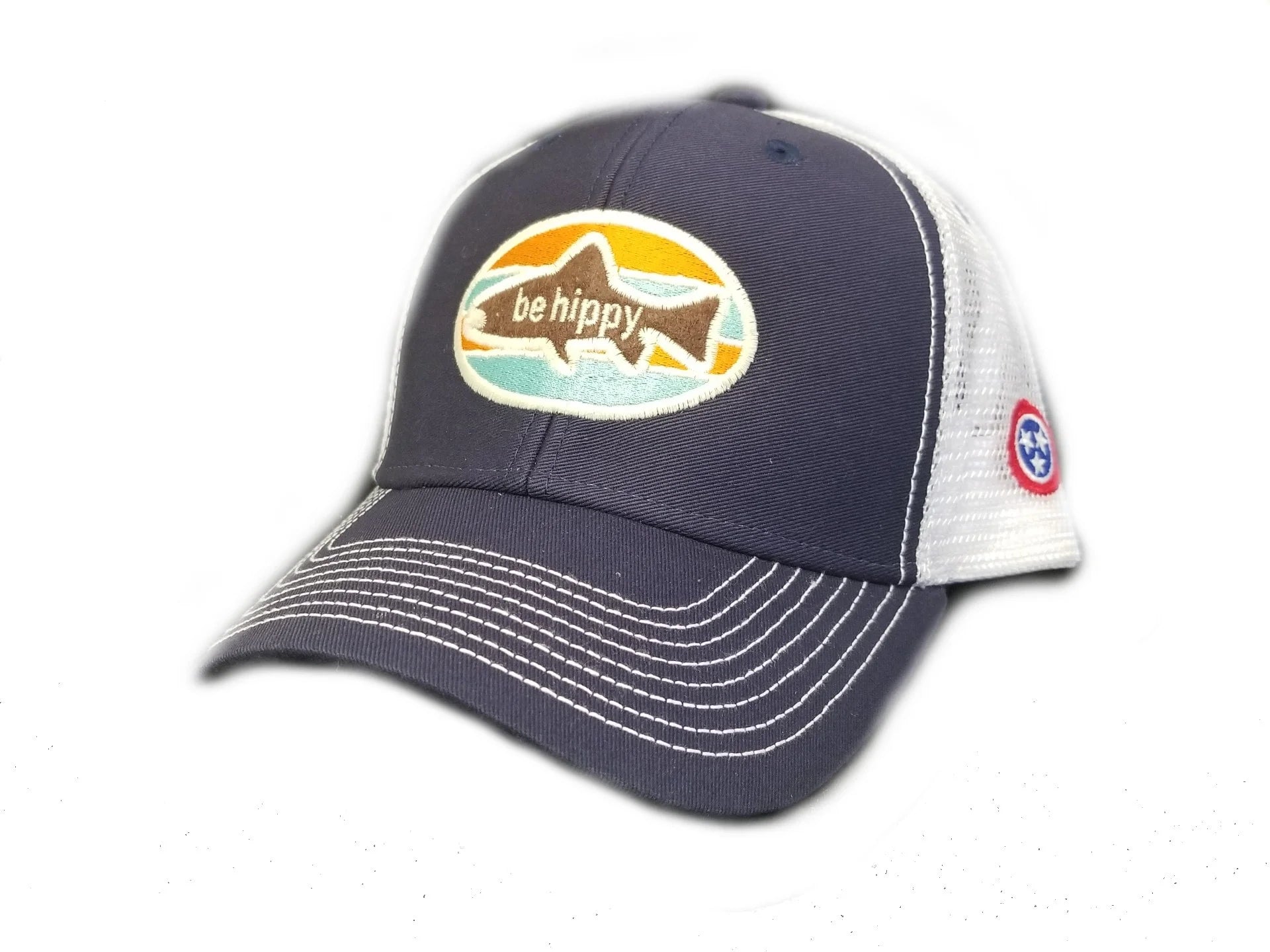 Be Hippy Fish Logo Trucker Hat - Tennessee Flag Navy with Cream