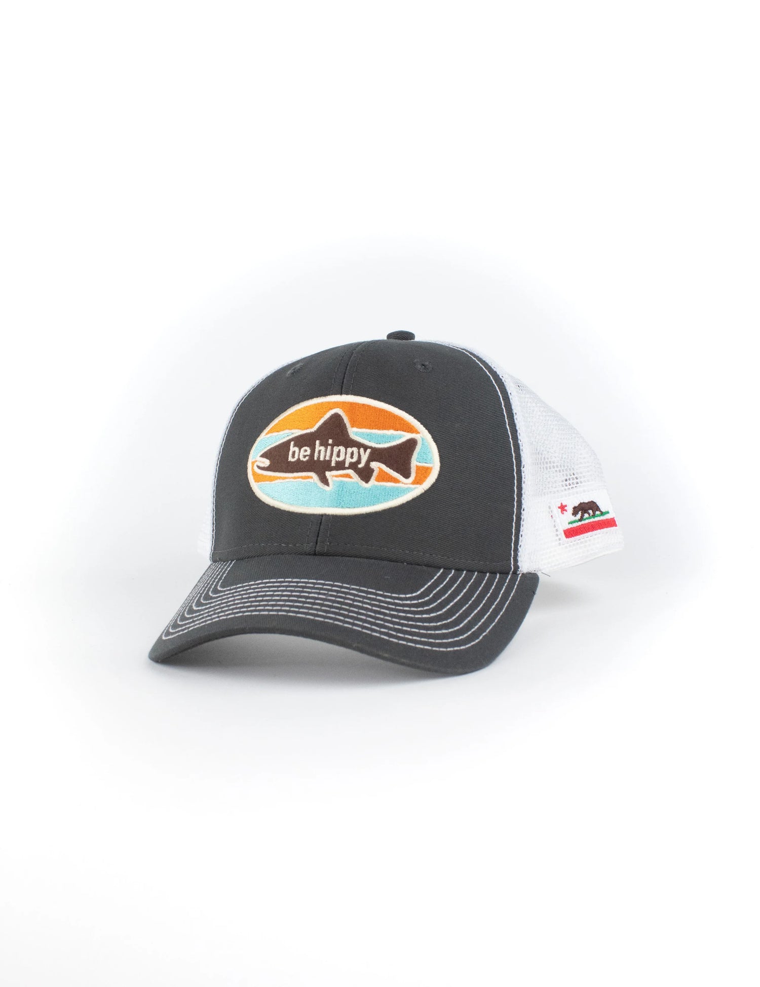 Be Hippy Fish Logo Trucker Hat - California Flag Gray with White Mesh